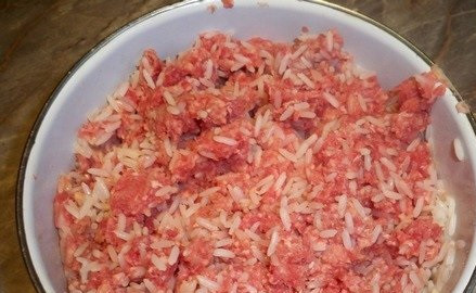1. Этап. Котлеты с рисом в духовке: Перемешайте рис с фаршем.