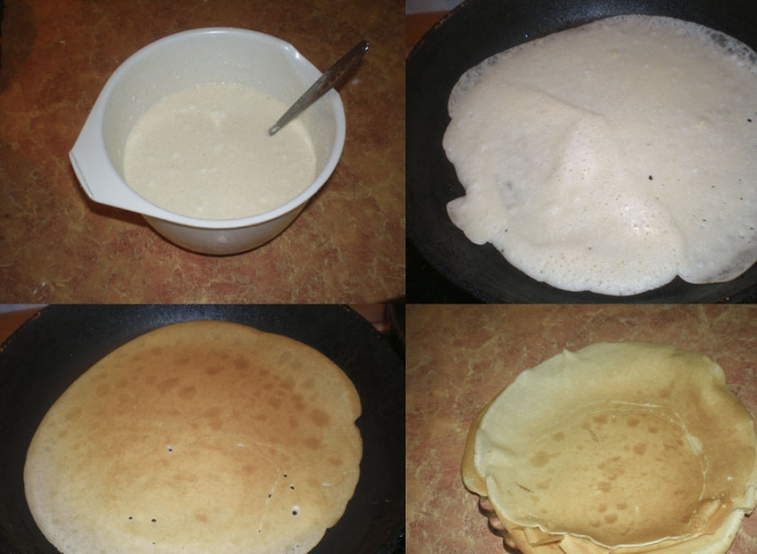 1. Этап. Блины с вишней: Отделите белки от желтков, блендером взбейте белки с солью в крутую пену. Желтки взбиваем с сахаром и ванилью, растираем до бела. Добавьте к желткам молоко и взбейте все в пену. Затем добавьте муку и аккуратно введите белки. Из приготовленного теста, жарим блины, обжаривая их с двух сторон на сковороде.