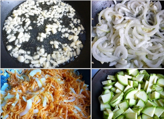 1. Этап. Кабачки с морковью и луком: Затем обжариваем в растительном масле, помешивая.