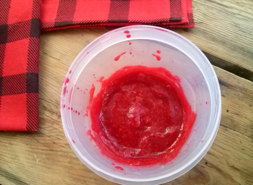 1. Этап. Творожно-малиновый десерт: Оставьте несколько ягод малины для украшения. Малину и 2 ст.л. сахара перебейте в блендере до состояния пюре.