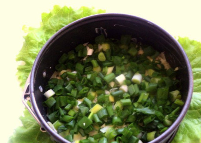 1. Этап. Салат Боровик: 5. Смажьте майонезом и добавьте слой измельченного зеленого лука, снова смажьте майонезом.