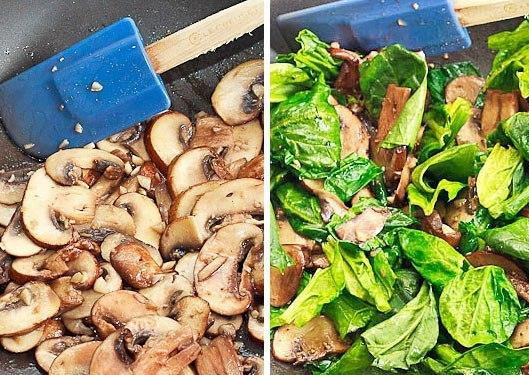 1. Этап. Паста с Маскарпоне: Сковородку поставьте на сильный огонь, налейте оливкового масла и обжарьте размельченный чеснок (около 30 секунд). Далее добавить на сковородку нарезанные шампиньоны и натереть туда мускатный орех, перемешивая жарьте на среднем огне около 5-7 минут. Далее добавить шпинат и тушить все на медленном огне около 3-4 минут, постоянно перемешивая.