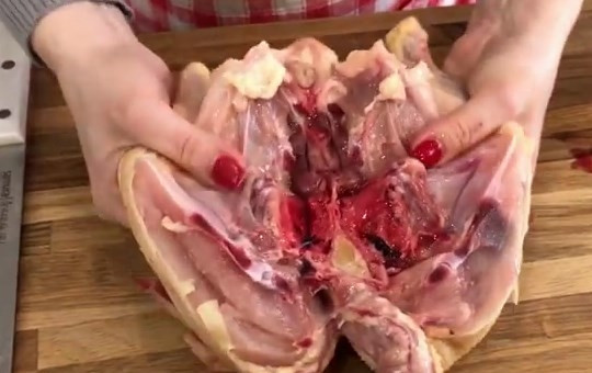 1. Этап. Цыплёнок табака (таПака): 1. Разрезаем цыпленка вдоль грудки напополам. Если цыпленок был целым, надо выпотрошить из него внутренности.