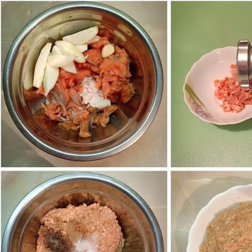 1. Этап. Пельмени рыбные из горбуши: Для фарша: рыбу очистить от костей, чтобы получилось филе. Очистить лук и чеснок. Сало нарезать кусочками. Все измельчить на мясорубке (можно перекрутить несколько раз для более нежной консистенции), добавить соль, специи, лимонный сок и хорошо перемешать. Готовый фарш поместить в холодильник на 30мин.