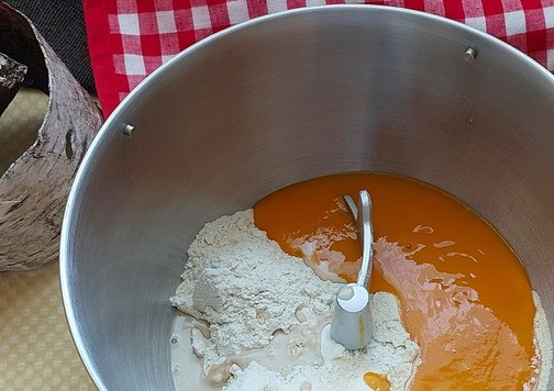 1. Этап. Манговый Верзила с котлетой из индейки: Добавить жидкие. У меня дрожжи, которые требуют предварительного растворения. Количество пюре уменьшила на количество воды для дрожжей. Я использую готовое пюре манго. Оно достаточно жидкое. Можно заменить на другое фруктовое пюре, но тогда это будет другой 