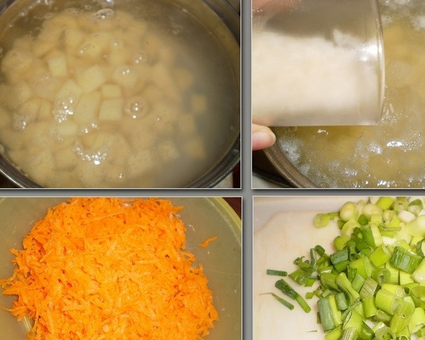 1. Этап. Суп из консервы сайры: Зеленый лук мелко режем, морковь натрем на терке. Опустите картофель в кипящую воду. Промойте рис и добавьте в кастрюлю. Варим 15-20 минут.