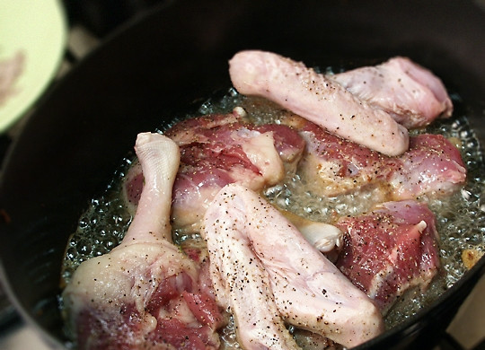 1. Этап. Гусь, тушенный с капустой: Каркас (тулуп) понадобится для бульона, его залейте холодной водой и поставьте вариться на огонь. Мелко нарежьте жир со шкуркой, опустите их в казан растапливаться. Как только шкурки поджарятся до коричневатого цвета, их нужно извлечь и выкинуть. В кипящий на сильном огне жир опустите ножки, грудки и крылышки шкуркой вниз. Добавьте соль и молотый перец.