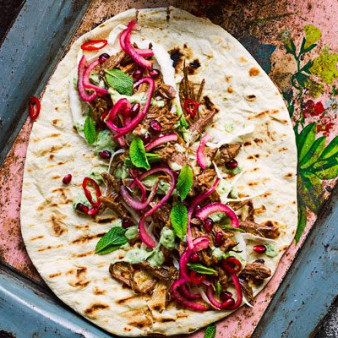 Pulled goat kebabs with coriander dressing