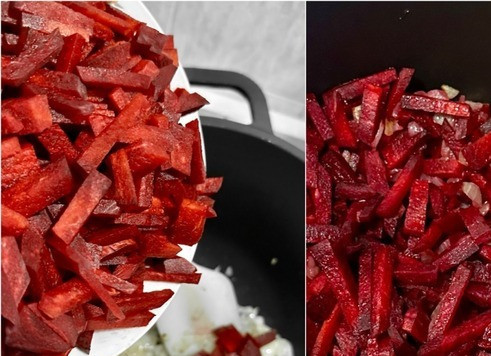 1. Этап. Борщ. Два пути: ... отправил сначала свёклу. Нарезал ее некрупным брусочком. Перемешал. И лимонным соком сдобрил. Чугунок отправил в духовку. Выставил сто градусов.