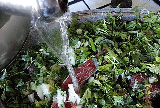 1. Этап. Чакапули из телятины: Вливаем в казан воду.