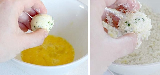 1. Этап. Закуски к вину: 2. В одной мисочке взбейте яйцо, во вторую всыпьте панировочные сухари. Сформируйте из сыра небольшой шарик, окуните его в яйцо и обваляйте в сухарях. Выложите на противень, застеленный пергаментом, и сбрызните оливковым маслом. Отправьте в разогретую до 200 градусов духовку.