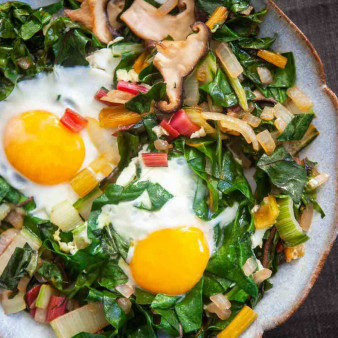 Eggs Nested in Sautéed Chard and Mushrooms