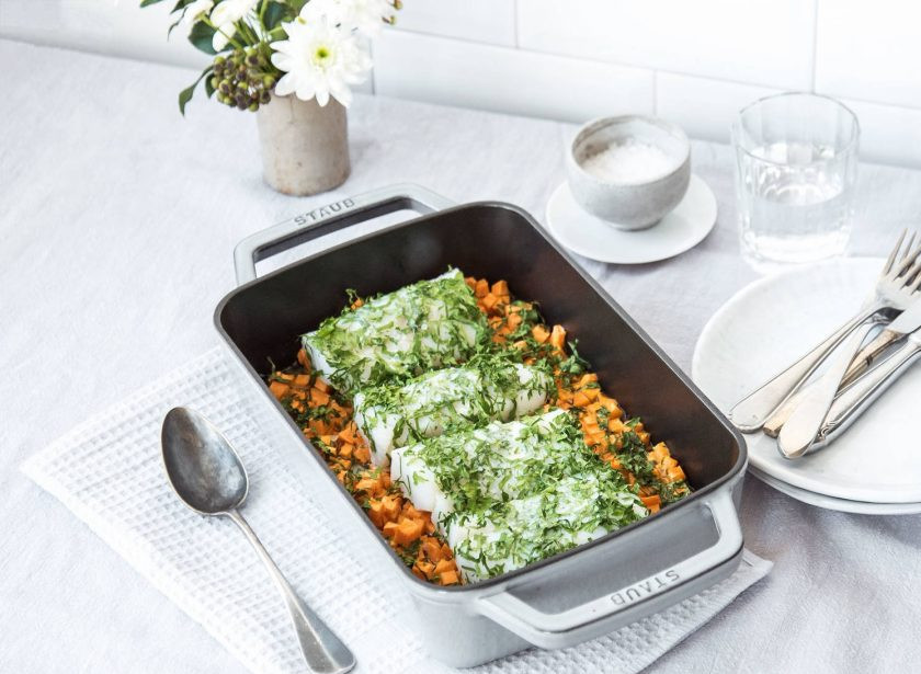 1. Этап. Запечённая треска с бататом: 4. Запекайте блюдо ещё 5-7 минут при средней температуре. Приятного аппетита!