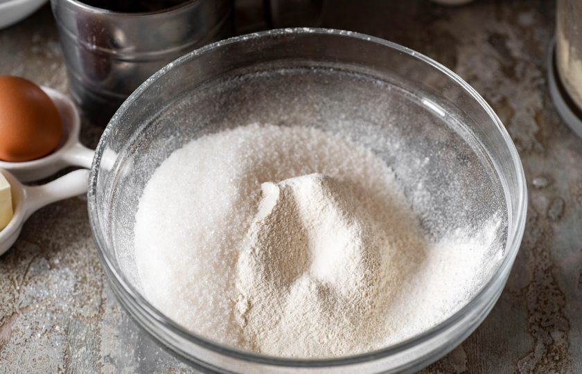 1. Этап. Печенье Арахисовые палочки: В просторную миску просейте муку, добавьте соль, сахар. Перемешайте все ложкой.