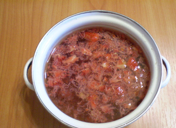 1. Этап. Клубничный морс: 3. Жмых клубничный с сахаром положить в кипящую воду и проварить 1-2 минуты.