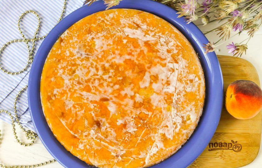 1. Этап. Персиковый компоте для торта: Спустя указанное время извлеките компоте из формы и удалите пленку. Можно добавлять заготовку при приготовлении торта.
