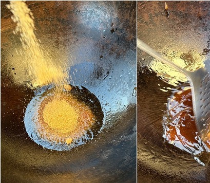 1. Этап. Хо шау ру. Свинина Мао Цзэдуна: В рецепте рекомендовано арахисовое масло. Но не оказалось его в закромах, пошло в ход кукурузное. Как только масло хорошо прогрелось, стало коричневеть, добавил тростниковый сахар. И, интенсивно помешивая, растворил сахар в масле. Довел его до начала карамелизации.