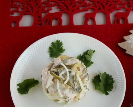 1. Этап. Филе грудки индейки в апельсиновом соусе: Сложите всё в чашку и заправьте нарезанные ингредиенты майонезом с чесноком. Всё!