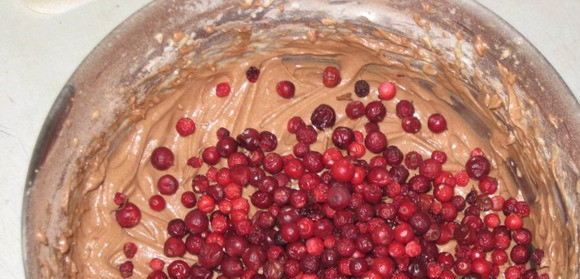 1. Этап. Торт Катерина: 2. Теперь добавим сметану, какао, муку с разрыхлителем. Мешаем до однородности, а затем добавим ягоды.