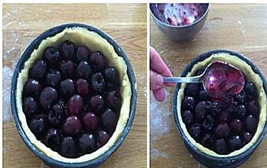 1. Этап. Сладкий пирог с черешней: 3. Выложите всю черешню (без косточек) и залейте еще 2-мя ст. л. варенья.