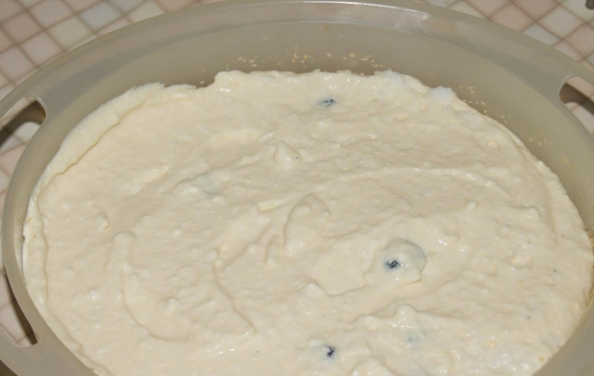 1. Этап. Творожный пудинг с изюмом: 1. Переберите и промойте изюм. Яичный желток отделите от белка. Смешайте его с молоком и сахаром. Хорошенько разотрите. Творог перебейте в блендере. Соедините его с манкой, с перетертым желтком и молоком. Добавьте сливочное масло, которое предварительно растопите. Переложите в общую массу изюм. Перемешайте.