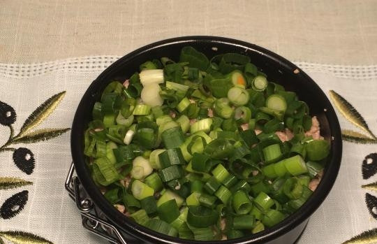 1. Этап. Салат Печень под шубой: Сверху уложите лук.