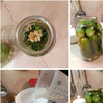 1. Этап. Огурцы Сладенькие: На дно стерилизованных банок положить лист хрена, стебель укропа, чеснок, порезанный на дольки, семена горчицы и горошки черного перца, сверху уложить огурцы. Залить кипятком на 10-15мин.