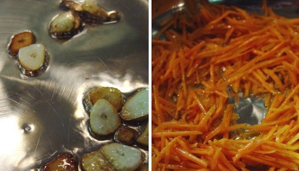 1. Этап. Масляная рыба, тушенная с овощами: 4. Часть чеснока выложите на сковороду с высокими бортиками и обжарьте в масле до румяности. Добавьте морковь и жарьте еще минуты 3.