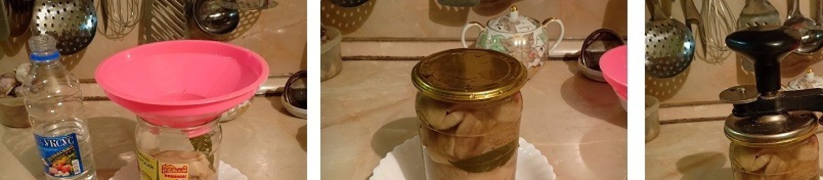 1. Этап. Грузди маринованные: Затем переложить грибы в заранее простерилизованные банки, влить неполную 1ст. л. уксуса (на банку объемом 650мл) накрыть стерилизованными крышками, закатать. Убрать до полного остывания.