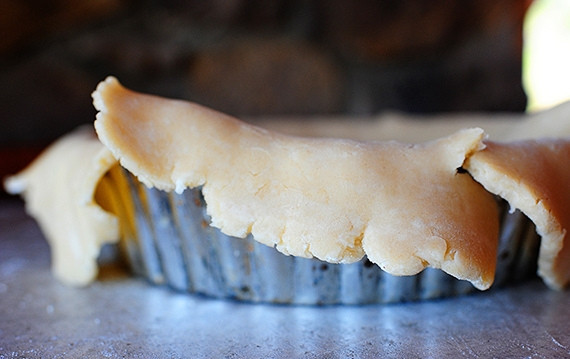 1. Этап. Киш с луком: Теперь сделаем тесто, основу для нашего киша. Смешайте оставшееся сливочное масло, муку и три яичных желтка. Посолите. Замесите тесто и раскатайте его кругом. Уложите в форму для пирогов.