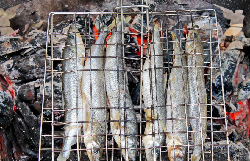 1. Этап. Корюшка на мангале: Выложите подготовленную корюшку на решетку для мангала. Подготовьте угли и установите решетку на мангал.
