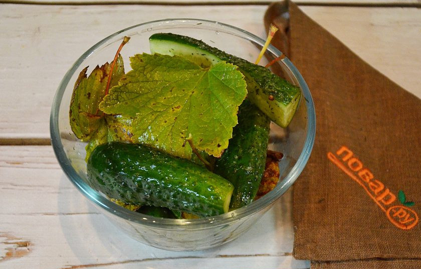 1. Этап. Малосольные огурчики без рассола: 4. Добавьте листья, перемешайте. Накройте и уберите в холодильник на ночь.