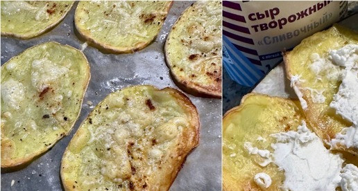 1. Этап. Картофельная яичница с авокадо и лососем: И, собственно, остаётся «собрать» картофельную яичницу. Во-первых, на картошку выложить немного творожного сыра и слегка его размазать.