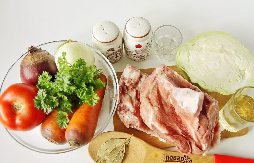 1. Этап. Борщ русский: Подготовьте все ингредиенты.