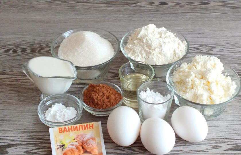 1. Этап. Шоколадная ватрушка с творогом: Подготовьте необходимые ингредиенты.