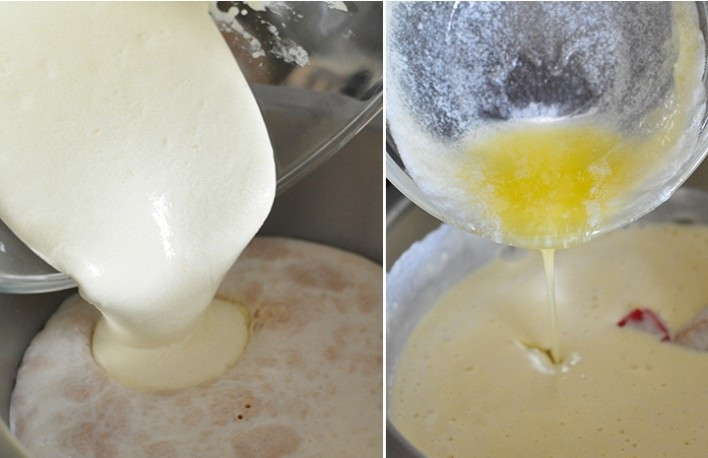 1. Этап. Заварной кулич: 8. В мисочку с опарой вылейте желтки и сливочное масло. Все аккуратно перемешайте.