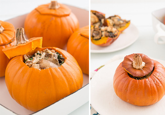 1. Этап. Запеченная тыква целая: Лук очистите, порежьте и обжарьте на сковороде (с добавлением масла). Грибы порежьте и обжарьте вместе с луком. Готовим вместе 5 минут (грибочки должны стать коричневыми). Следом добавляем шпинат. Посолите и поперчите. Переложите обжаренные ингредиенты в отдельную мисочку. К ним добавьте багет и сыр, влейте сливки. Всё тщательно перемешайте. Разложите начинку по тыквам.