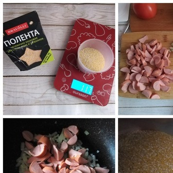 1. Этап. Бургер с чечевично-злаковой котлетой: Поленту нужно сварить с вечера, чтобы она хорошо застыла со всеми ингредиентами. В рецепте я буду использовать чечевично-злаковую поленту ТМ BRAVOLLI. Продукты все взвешены и вымеряны. Вгачале на сковороде обжарим лук с сосисками. Сыр натрите на тёрке, приготовьте масло сливочное. Ставим кастрюлю с толстым дном на огонь, налив в неё бульон куриный. Солить нам его не нужно, он уже солёный. Доводим до кипения и, постоянно помешивая, всыпаем поленту. Варим её столько, сколько указано на упаковке, постоянно помешивая, чтобы она не пригорела.