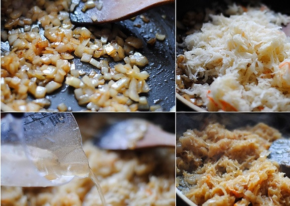 1. Этап. Свиная рулька с квашеной тушеной капустой: 4. Теперь осталось приготовить начинку: жарим на растительном масле мелко нарубленный лук, добавляем квашеную капусту и жарим еще 5 минут при постоянном помешивании. Затем вливаем стакан бульона и тушим еще 15 минут.