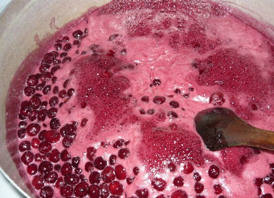 1. Этап. Желе из вишни на зиму: Когда масса закипит, варим ягоды в течение 3-5 минут. Параллельно ставим на огонь миску с желатином и также нагреваем его (не доводя до кипения), пока гранулы желатина не растворятся полностью. Горячую желатиновую массу переливаем в кастрюлю с вишней, перемешиваем все быстренько и выключаем огонь.