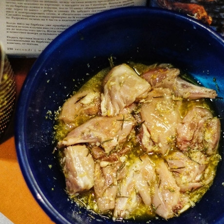 1. Этап. Кролик на гриле: Заливаем кусочки кролика получившимся маринадом, оставляем на 2 часа мариноваться.