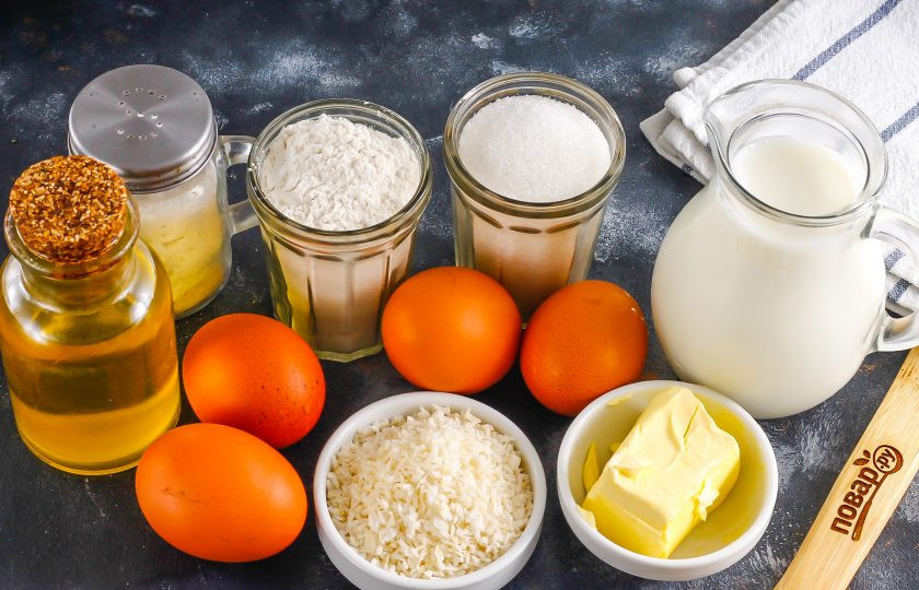 1. Этап. Кокосовый блинный торт: Подготовьте указанные ингредиенты.