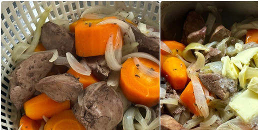 1. Этап. Паштет из индюшачьей печени: Через пятнадцать минут. Можно отойти от принципа «одна кастрюля» и воспользоваться дуршлагом, а можно, прикрыв кастрюлей воду, или бульон - как угодно, слить. Я отбросил на дуршлаг. Зря что ли посудомойку покупал? Вернул всё сваренное в кастрюлю и добавил пятьдесят граммов сливочного масла.