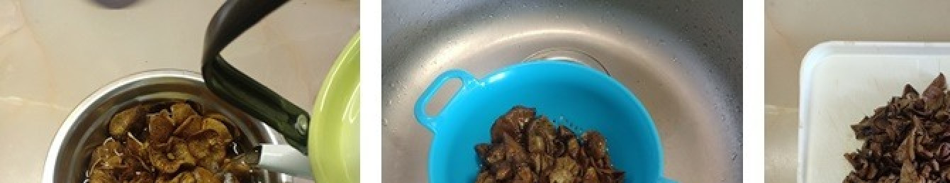 1. Этап. Постный грибной суп с лапшой: Сушеные грибы залить чуть горячей водой для набухания. Когда грибы набухнут, вылить все в дуршлаг и дать стечь лишней воде. Затем грибы мелко нарезать.