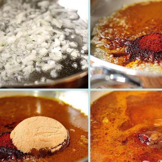 1. Этап. Курица в ореховом соусе: Сначала, на среднем огне обжарьте лук до мягкости. Затем добавьте порошок чили (молотый красный перец), 5 ст.л. маринада, коричневый саха и воду. Хорошо перемешайте чтобы ингредиенты связались вместе.