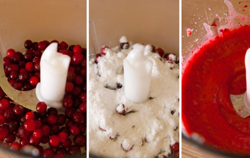 1. Этап. Сливочно-творожный мусс: 6. Теперь нужно взбить ягоды/фрукты. У меня была замороженная брусника. Я взбила ее с сахарной пудрой в блендере до состояния пюре.