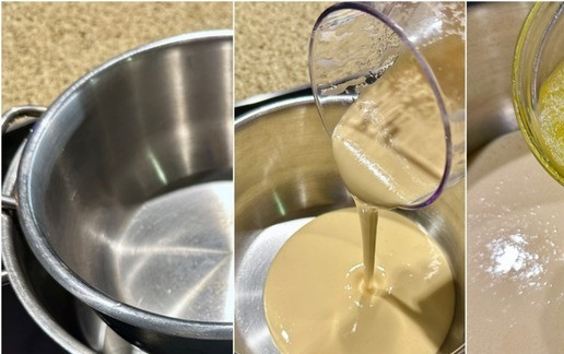 1. Этап. Медовик из детства: Скажу так, основу для «классического заварного медового теста» - длинно, но звучит, согласитесь, солидно и красиво, буду готовить на водяной бане. В кастрюлю побольше налил воды и вставил в нее, большую кастрюлю, кастрюлю поменьше. Дно той кастрюли, что поменьше не должно соприкасаться с водой. Оптимально – сантиметра три надо, чтобы был разрыв. Взбитую массу выложил в маленькую кастрюлю и добавил туда растопленное сливочное масло.