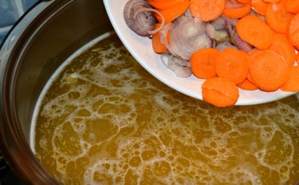 1. Этап. Суп с белой фасолью: В бульон добавляем нарезанные тонкими кружочками лук-шалот и морковку.