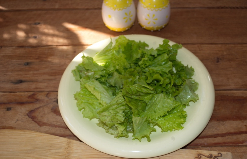 1. Этап. Салат с копченой курицей и корейской морковкой: Салатные листья нужно вымыть и обсушить. Руками нарвите листья на кусочки удобные для подачи.