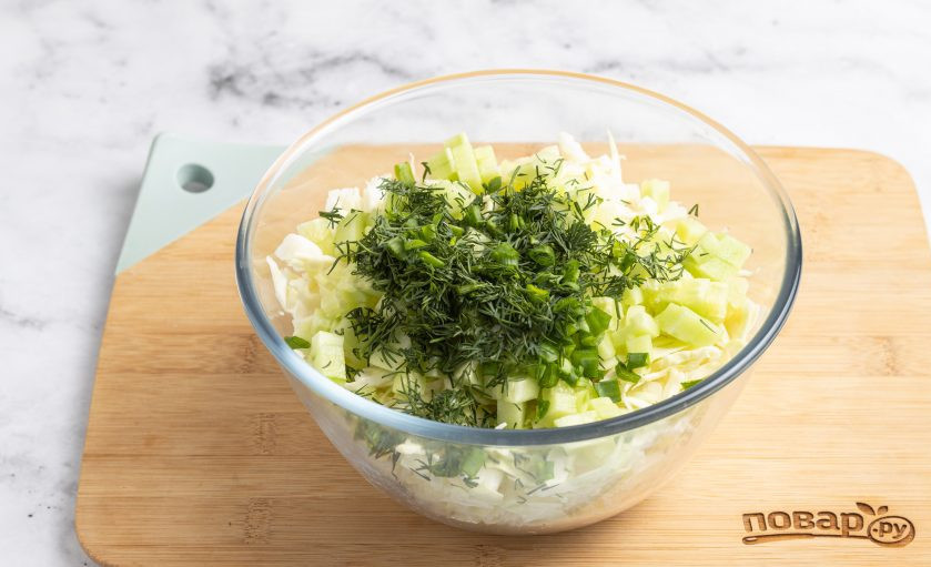 1. Этап. Салат из капусты с зеленой заправкой: Мелко порубите зеленый лук и укроп.